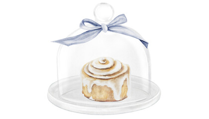 Cinnabon, cinnamon watercolor. Hand drawn cinnamon bun with cream cheese under the cloche. Classic American sweet. Clip art isolated on white background. For coffee shop menu, pastry shop and sweet
