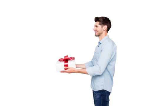 Profile side photo of positive emotions man lover feel romance date with girlfriend give gift box present prepared for 8-march 14-february stand copyspace wear clothes isolated grey color background