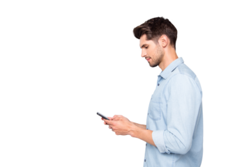 Profile side photo of concentrated man at copyspace using his cellphone reading feednews in social network accounts typing posts wear style outfit isolated over grey color background