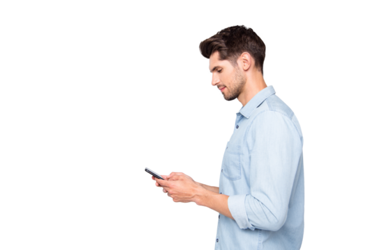 Profile side photo of concentrated man at copyspace using his cellphone reading feednews in social network accounts typing posts wear style outfit isolated over grey color background