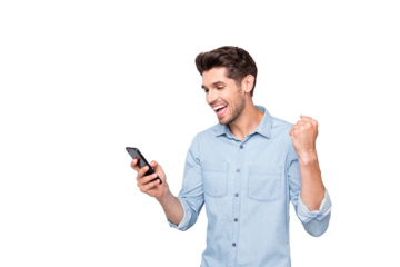 Yeah new like! Turned photo of crazy man at copyspace use cellphone got message read news raise fists feel lucky win social network lottery wear style denim jeans shirt isolated grey color background