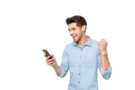 Yeah new like! Turned photo of crazy man at copyspace use cellphone got message read news raise fists feel lucky win social network lottery wear style denim jeans shirt isolated grey color background