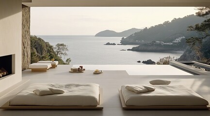 Obraz premium Modern outdoor living space with ocean views