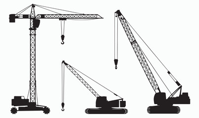  Industrial construction cranes lifting materials with factories and buildings in a skyline, engineering work