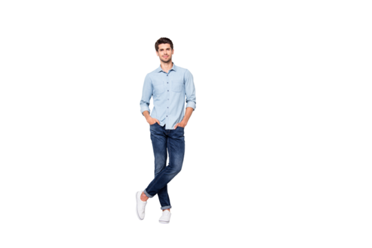 Full length photo of charming attractive rich wealthy millionaire man sweet dream of all female college students stand enjoy put hands in pockets wear good look outfit isolated grey color background