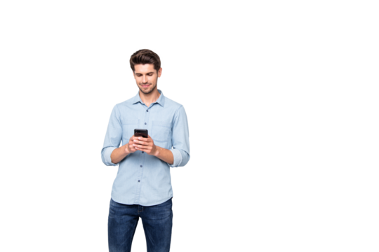 Portrait of charming focused man stand copyspace using cellphone type message to his online friends in social network account wear style clothes isolated over grey color background