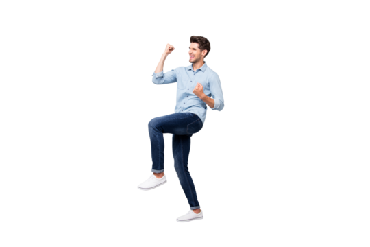 Full body profile side photo of ecstatic man win lottery have victory celebration raise fists scream yeah i am best wear good look style outfit white sneakers isolated over grey color background