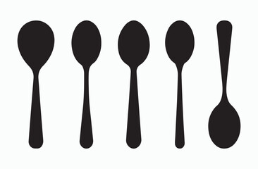 Set of four black silhouette spoons, simple kitchenware design, vector illustration