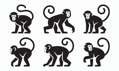Set of black silhouette illustrations of monkeys in various poses, showing movement and playful actions.