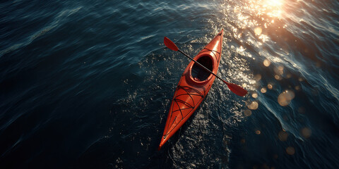 Fototapeta premium Red kayak floats on open sea under sun glow