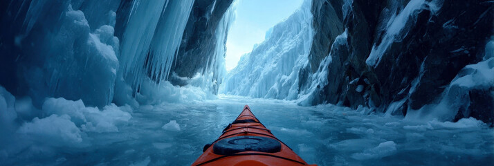 Kayak navigating through icy gorge with frozen walls