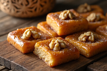 Pillow-shaped nut pie on a wooden stand
