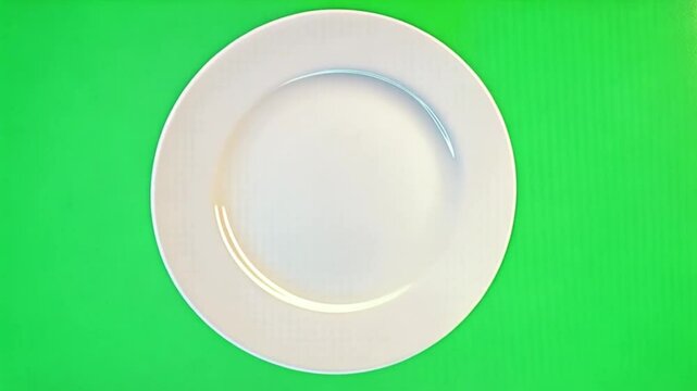 Top down view of an empty white plate centered on a vibrant green colored background in studio shot green screen video