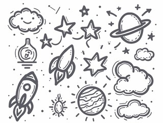 Obraz premium Colorful space-themed doodles featuring rockets, stars, and planets on a light background