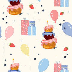 Seamless Birthday Vector Pattern with Cake, Balloons, Gifts, Strawberries and Blueberries on Light Background – Cute Festive Design for Kids Party, Holiday Wrapping, Seasonal Decorations and Celebrati