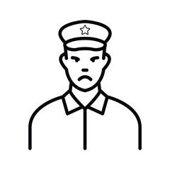 An illustration of a stern-faced officer in a uniform.  Simple line art design representing authority.