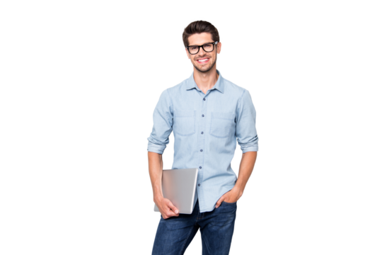 Photo of cheerful positive creative manager holding laptop with hands smiling toothily standing confidently showing his being successful isolated over grey color background - Powered by Adobe