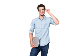 Photo of cheerful handsome attractive clever man smiling toothily holding laptop with hands showing his intelligence with style isolated over grey color background
