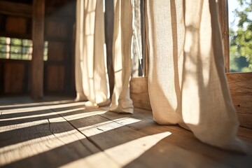 Sunlight and shadow on linen curtains and wood floor interior background