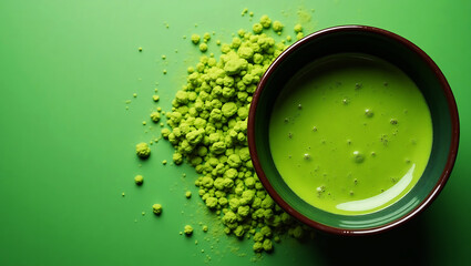Minimalist Close-Up of Frothy Matcha Tea in Glossy Bowl on Vibrant Green Background