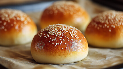 Freshly baked sesame seed buns on parchment paper