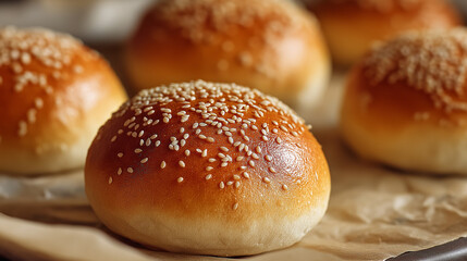 Freshly baked sesame seed buns on parchment paper
