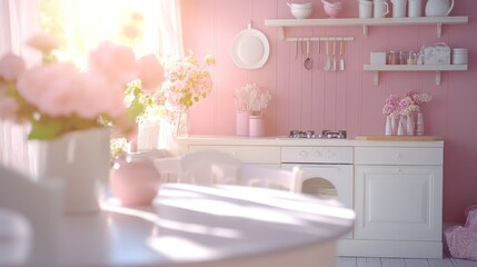 A sunlit, pastel pink kitchen with flowers and white furniture.