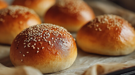 Freshly baked sesame seed buns on parchment paper