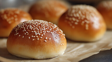 Freshly baked sesame seed buns on parchment paper