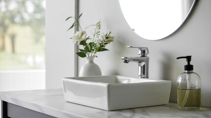 Fototapeta premium A minimalist bathroom interior photograph with a white porcelain vessel sink mounted on a white marble countertop