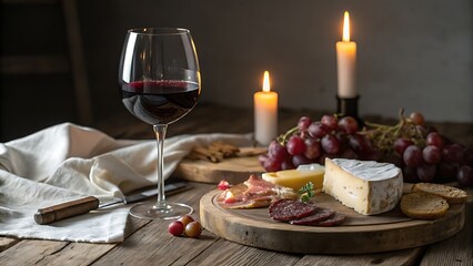 Romantic red wine and cheese tasting with candles