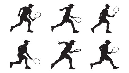 Set of black silhouette illustrations of tennis players in various action poses, depicting movement and athleticism.
