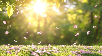 Spring blossoms falling on grassy meadow. Sunlight streams through leaves