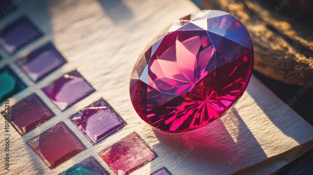 Poster cut gemstone next to color grading reference chart and index card