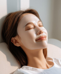 Young woman relaxing with sheet face mask under sunlight