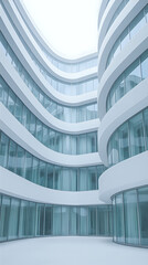 Fototapeta premium The image captures a modern architectural structure with a series of curved glass panels, creating an open, airy space.