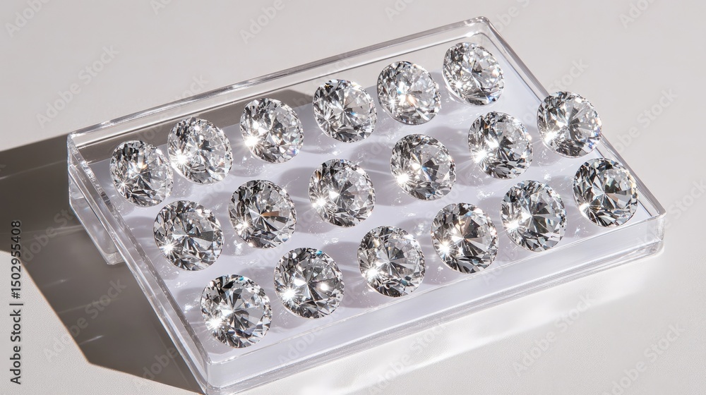 Poster display box of polished round-cut diamonds on soft cushion inside transparent case