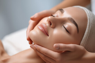 Relaxed young woman enjoying facial massage at spa center