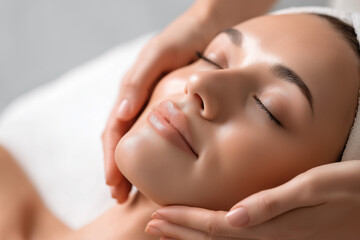 Relaxed young woman enjoying facial massage at spa center