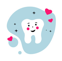 A healthy, cute tooth with a smile on a white background. Stomatology