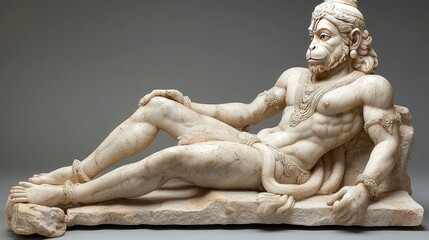 A marble statue of a recumbent monkey-faced deity