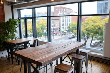 Fototapeta premium Interior view of urban building showcasing wooden table and cityscape through expansive windows