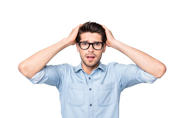 Photo of discontented scared frightened business man having just known that he is bankrupt wearing...