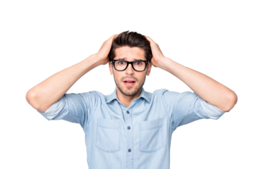 Photo of discontented scared frightened business man having just known that he is bankrupt wearing eyeglasses isolated over grey color background