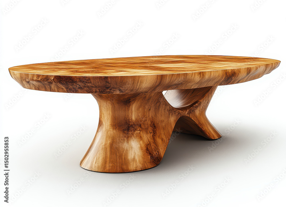 Poster elegant maple wood dining table with unique curved design isolated on white background