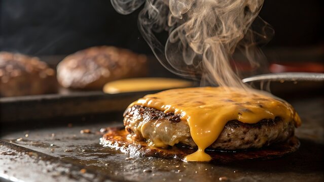 Juicy cheeseburger patty melting on griddle