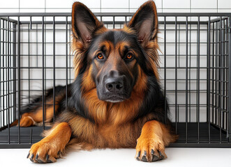 German Shepherd Dog Lying in Metal Kennel Isolated on White Background