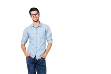 Photo of cheerful funky positive intelligent man smiling toothily holding hands in pockets isolated over grey color background