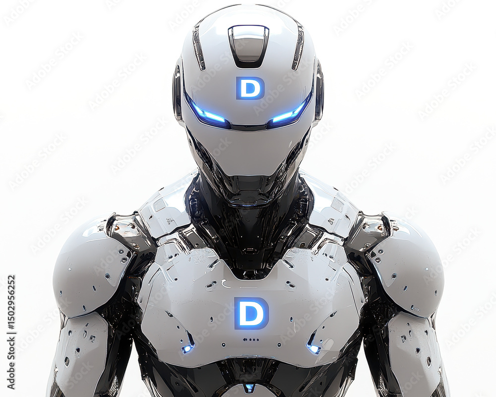 Poster robot with futuristic design showcasing modern technology and artificial intelligence on white backg
