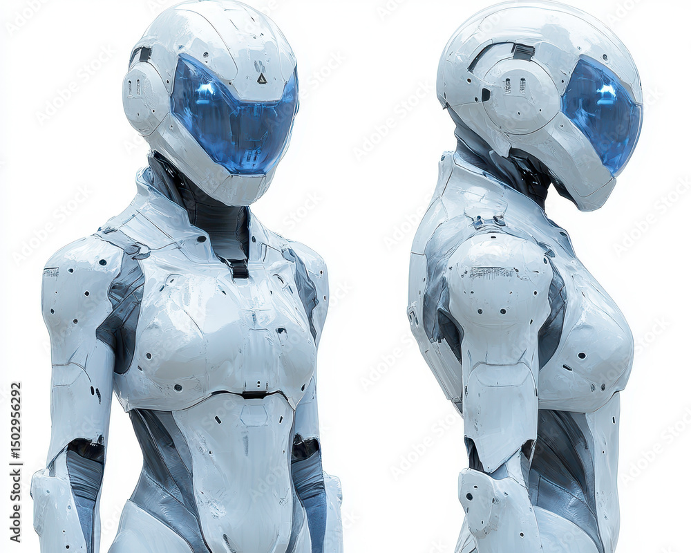 Poster hyper-realistic futuristic humanoid robot with sleek armor and blue visor isolated on white backgrou